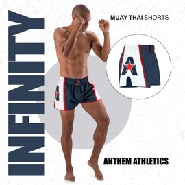 Anthem Athletics Infinity Muay Thai Shorts - Kickboxing, boxeo tailandés, llamativo, Azul marino, blanco y rojo G2, X-Large