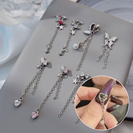 WOKOTO 8 Pcs 3D Dangle Nail Charms with Chains Butterfly Heart Bow Moon Nail Art Charms Alloy Nail Gems for Acrylic Nails Butterfly Bow Heart Charms for Nails Design Charms Jewelry Nail Decorations