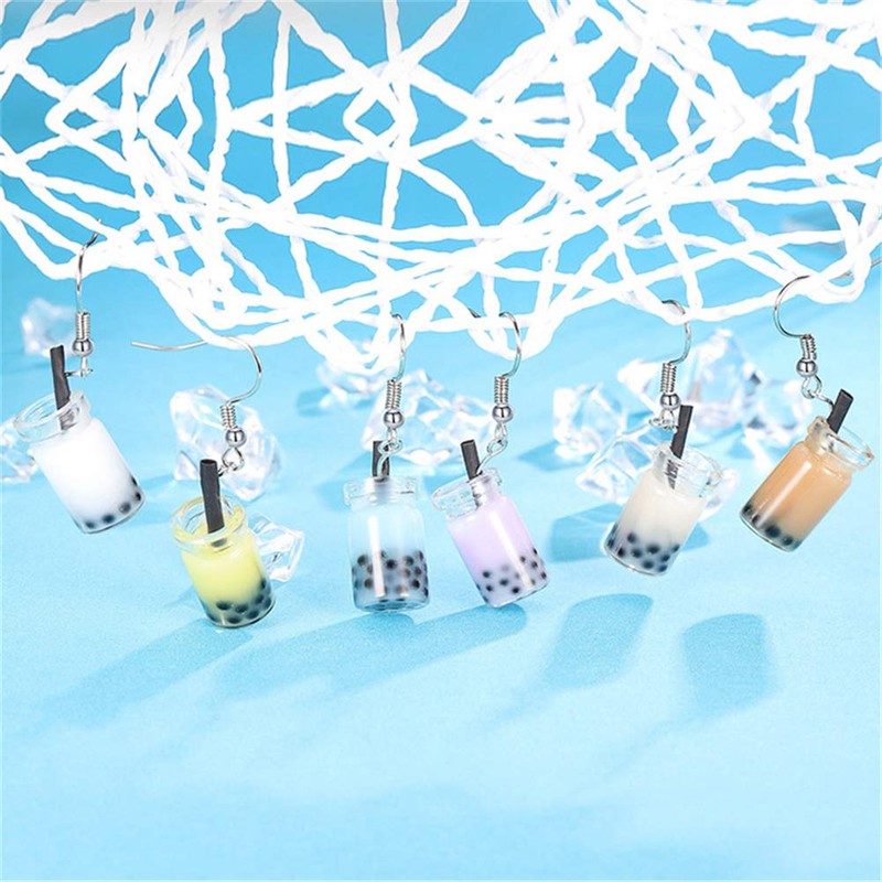 6 Pairs Cute Pearl Milk Tea Dangle Earrings Tea Drop