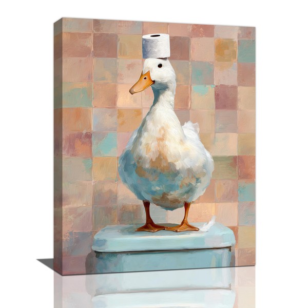 Funny Duck Bathroom Wall Art Cute Duck on Toilet Canvas