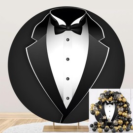 TTQYFNM 6x6ft Gentleman Tuxedo Round Backdrop Cover Black and White Bow Tie Suit Circle Photography Background for Man Portrait Shooting Luxury Birthday Dinner Party Decoration Photo Booth Props