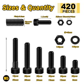 420Pcs M5 Bolt Metric Screw Assortment M5 x 8/10/12/16/20/25/30mm, M5 Screws 12.9 Grade Carbon Steel M5 Screw Metric Bolt Assortment, Nuts and Bolts Metric Machine Screw Assortment by Mywish
