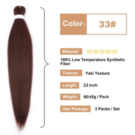 Chocolate Brown Braiding Hair Pre Stretched 22 Inch 3 Packs 33# Yaki Texture Hot Water Setting Hair Extensions for Box Braids
