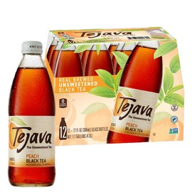 Tejava Peach Black Iced Tea, 12 Pack, 12oz Glass Bottles, Unsweetened, Non-GMO, Kosher, No Sugar or Sweeteners, No calories, No Preservatives, Brewed in Small Batches