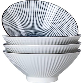 Zscera 38 oz Japanese Ramen Bowl Set of 4, 8-Inch Ceramic Large Soup Bowls, Blue and White Large Pho Bowls - Striped Pattern