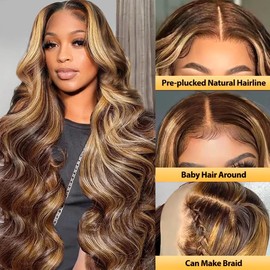 Honey Blonde Ombre Lace Front Wig Human Hair 28 Inch Highlight 13x6 HD Body Wave Lace Front Wigs Human Hair Pre Plucked 180% Density Frontal Wigs for Women Glueless 4/27 Highlighted Human Hair Wig