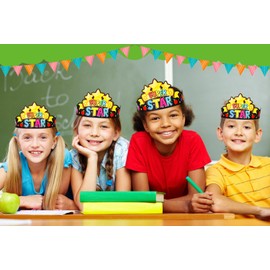 SIOHOME 24pcs Super Star Crowns for School Students 14 x 3.5" The Crowns of Star Students Classroom Super Star Party Paper Hats Star of The Week Crowns Classroom Rewards