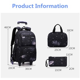 3Pcs Space Rolling Backpack for Boys with Lunch Bag, Wheel Trolley School Bag for Kids Backpack with Wheels