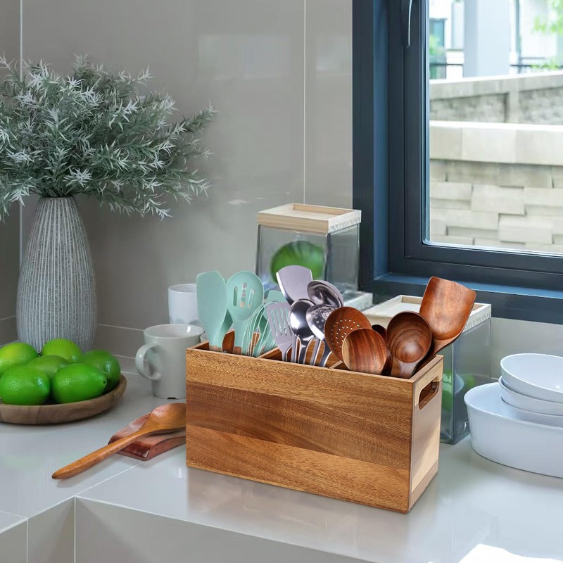 Relaxing Garden Wooden Utensil Holder for Kitchen Counter with Spoon