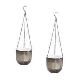 Meicynhoger Set of 2 Vintage Hanging Flower Pots, 16.5 cm Balcony Planters - Transparent Self-Watering Pot with Hooks for Indoor Outdoor, Table, Wall, Terrace and Jardi Grey