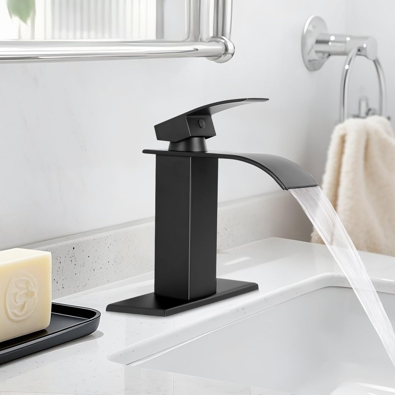 RNDIOZD Matte Black Bathroom Faucets, Waterfall Bathroom Sink Faucet Modern