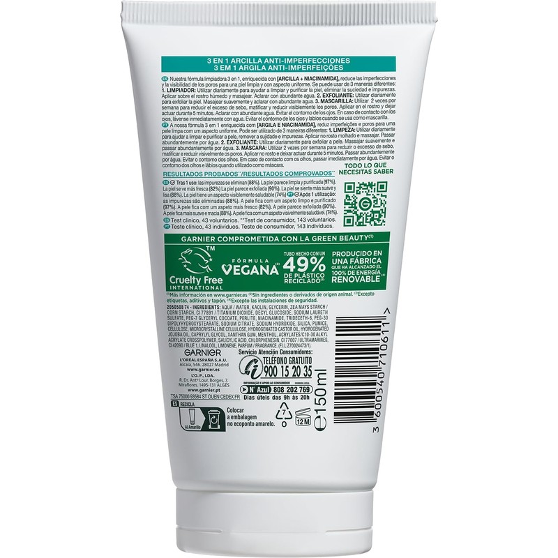 Garnier PureActive 3 en 1 Anti-Imperfecciones con Arcilla, 150ml