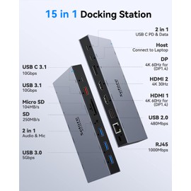 USB C Docking Station with 65W Power Supply, Laptop Docking Station, Triple Display, USB C Dock Hub with 4K Dual HDMI, DP, 100W PD, Ethernet, 10Gbps USB C/A 3.1, 3 USB3.0, SD/TF, Audio/Mic