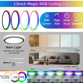 2Pack 13Inch Magic RGB Flush Mount Led Ceiling Light,34W 3400LM Dimmable with Remote Control 3000-6500K+RGB Color Changing Ceiling Light.Surface Round Ceiling Lights for Bedroom Living Room (Black)