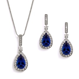 Mariell Bridal Wedding Necklace and Earring Set, Sapphire Blue CZ Pendant and Drop Earrings for Brides
