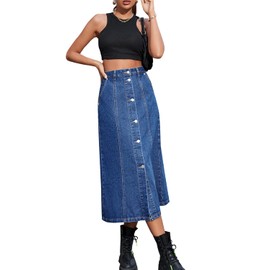 NIGHTMISS Womens High Waisted Washed Button Front Denim Long Skirt Midi Length A Line Denim Jean Pencil Skirt(BE185-M)