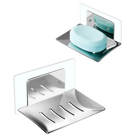 2 Pack Stainless Steel Soap Holder for Shower Wall, Adhesive Wall-Mounted Bar Soap Dish, No-Drill Soap Saver with Drain