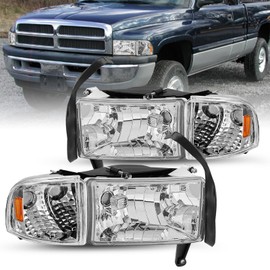 JSBOYAT Headlight Assembly Replacement Compatible with 1994-2001 Dodge Ram 1500/1994-2002 Ram 2500 3500 Pickup 4 pcs Headlamps with Corner Lights (Chrome Housing with Amber Reflector)