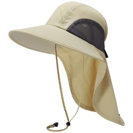 Bassdash UPF 50+ Unisex Water Resistant Wide Brim Sun Hat with Large Neck Flap Ponytail Fishing Hat for Men Women Cream