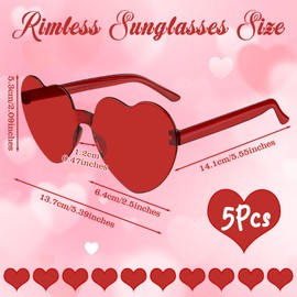 PLULON 5 Pairs Heart Sunglasses for Women Red Heart Glasses Valentine's Day Rimless Heart Shaped Sunglasses Candy Color Fun Glasses for Party Favor (Red)