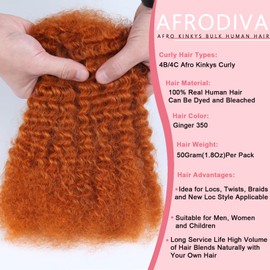 Afro Kinkys Bulk Human Hair for Braiding 18 Inch 50g Afro Kinky-Curly Human Hair Bulk for Twist 4C Curly Dreadlock Extensions for Permanent Sister Locs/Mini Twists/Braids/Repair Ginger