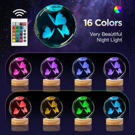 YYLZEPHB 3D Butterfly Crystal Ball Night Light with Woodern Base, 3.15" Butterfly Figurine Glass Lamp with 16 Colors Cute Desk Decor for Home Butterfly Gifts for Women Kids Friends