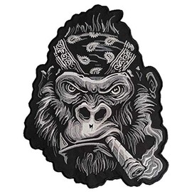 Gorilla Smoking Cigar with Bandana Headband, 10 x 8 inches, Iron On - Big Patch for Biker Vest, Jacket