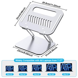 Adjustable Laptop Stand, Portable Laptop Riser, Ergonomic Design Computer Holder, Metal Laptop Mount Elevator Compatible with 10 to 15.6 Inches PC Computer, Silver Grey