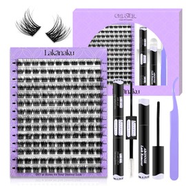 LAKANAKU DIY Lash Extension Kit,Cluster lash Extensions Kit, 10-16mm Mix Wispy Lash Clusters, D Curl Lash Clusters Kit with Bond and Seal & Tweezer & Remover, Fluffty Lash at Home Lash Extensions Kit