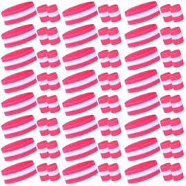 72 Pcs Bulk Striped Sweatband Set Include 24 Pcs Sweat Absorbing Striped Headbands and 48 Pcs Sweatbands Wristbands Cotton Athletic Sweat Bands for Men Women Gym Sports Workout (White, Pink)