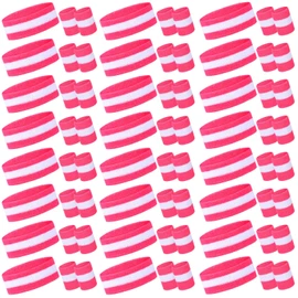 72 Pcs Bulk Striped Sweatband Set Include 24 Pcs Sweat Absorbing Striped Headbands and 48 Pcs Sweatbands Wristbands Cotton Athletic Sweat Bands for Men Women Gym Sports Workout (White, Pink)