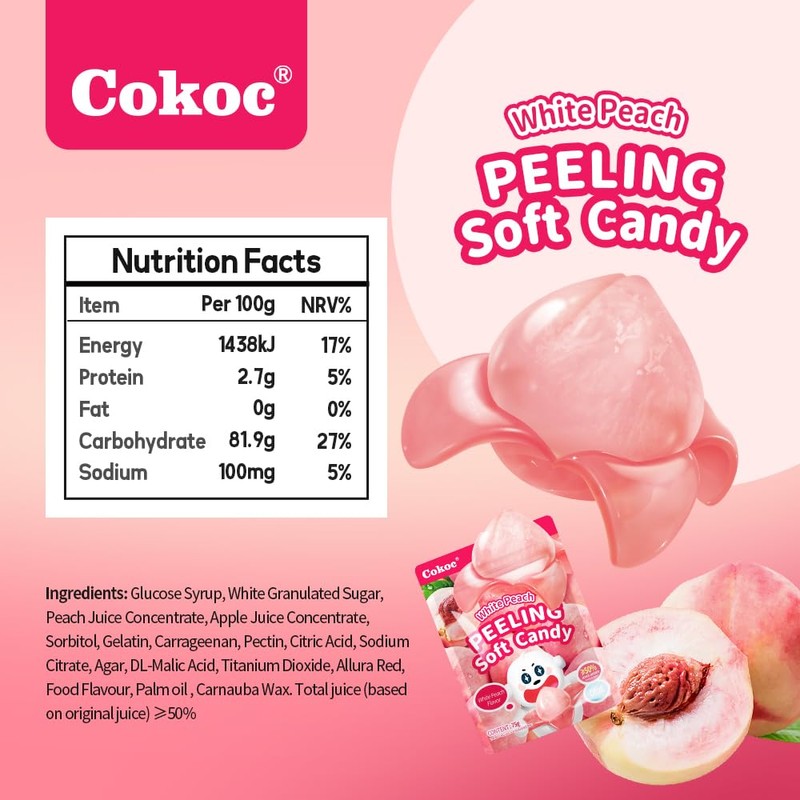 COKOC Peelable Gummies Peach,Peeling Gummies Peach Candy,Individual Packaging 2.64oz Bag