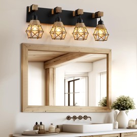 LmnLvn Farmhouse Bathroom Light Fixture, 4-Light Black Rattan Vanity Light, Boho Bathroom Light Fixture Over Mirror Rustic Vanity Lighting with Handwoven Shades, Suit for Restroom, Bedroom, Hallway