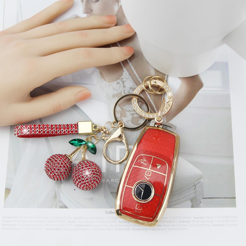 Rayslesan Sparkly Key Fob Cover with Cherry Keychain, Bling TPU