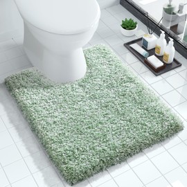 Yimobra Fluffy Toilet Rugs U Shaped, Shaggy Soft Comfortable Non Slip, Water Absorbent Microfiber Bath Mat, Dry Quick, Machine Washable Thick Bathroom Floor Rugs, 24"x 20", Light Green and White