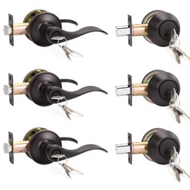 KNOBWELL 3 Pack Front Entry Door Handle Lock Set with Single Cylinder Deadbolt, Exterior Entry Lever Door Handle and Deadbolt, Door Handle Lever with Lock and Key, Oil Rubbed Bronze, Keyed Alike