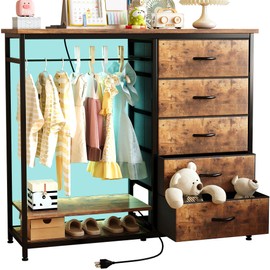 Dresser for Bedroom with Clothes Rack, 5 Drawers Dresser with Charging Station & LED Lights, Fabric Dressers & Chest of Drawers with PU Finish Storage Organizer, for Living Room Closet, Rustic Brown