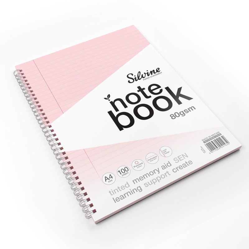 Silvine A4 Pink Paper Dyslexia Notebook - Lined with Margin