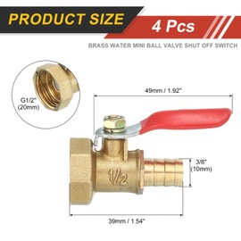 sourcing map 2Pcs Brass Water Mini Ball Valve Shut Off Switch, G1/2" Female x 3/8" Hose Barb, 180 Degree Operation Handle, Brass Valve