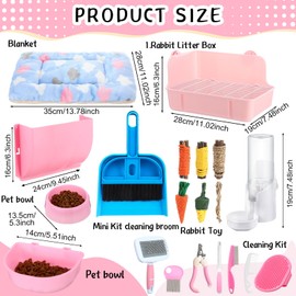 20 Pcs Rabbit Starter Kit for Christmas, Small Bunny Litter Box Animal Grooming Kit with Hanging Pet Bowls Water Bottle Bunny Toys Flannel Blankets with Cleaning Set for Guinea Pig Rabbit(Pink)