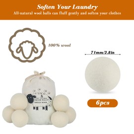 Pack of 6 Natural Wool Dryer Balls, Tumble Dryer Balls for Tumble Dryers, 7 cm, Reusable Tumble Dryer Balls, Antistatic & Drying Time Shortened