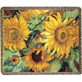 CC Home Furnishings Yellow and Green Sunny Faces Rectangular Fringed Throw Blanket 50" x 60"