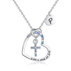 Cross Necklace for Girls | Baptism First Communion Gifts for Girls |I am a child of God Necklace | Letter initial Necklace | Letter 18K White Gold Plated Pendant Jewelry First Communion Baptism Gifts Christmas Birthday Gifts for Girl Women (P)