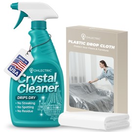 Crystal Chandelier Cleaner Spray Kit & Plastic Drop Cloth for Protection (32 oz) Drips Dry - No Spotting No Residue No Streaking Crystal Glass Spray for Chandeliers, All-Purpose Spray Cleaning Kit