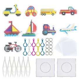 Allazone 5 mm 37 Pack Fuse Beads Boards, Large Square Transportation Clear Plastic Pegboards with 6 PCS White Beads Tweezers, 10 PCS Ironing Paper and 10 PCS Colorful Keychain for Kids Craft Supplies