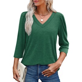 Shirts for Women Dressy Casual Women's 3/4 Length Puff Sleeve Tops Summer Fashion V Neck Blouse Fall Trendy Polyester T-Shirts Loose Curved Hem Tshirts Flattering Long Tunic Hide Tummy Green XL