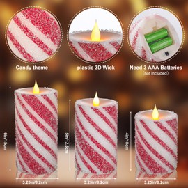 3PCS Christmas Flickering Flameless Candles - Real Wax Red and White Candy Cane Stripe LED Pillar Candles with Battery Operated for Home Christmas, New Year, Winter Wedding Party Decoration or Gift