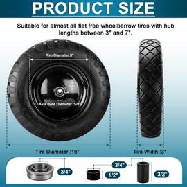 Cenipar 4.80/4.00-8" Flat-Free Tire and Wheel, 16" Solid Wheelbarrow Tires with 5/8" or 3/4" Bearings, 3-7" Centered Hub 4.80/4.00-8 Tire and Wheel for Wheelbarrow Garden Trolley and Wagons(Black)