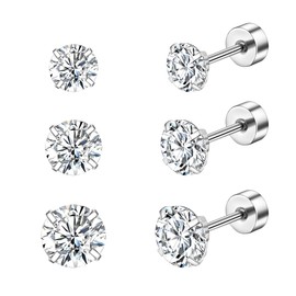 Candyfancy 3 Pairs 316L Surgical Stainless Steel Earrings Set,Size 4mm 5mm 6mm,AAA Cubic Zirconia Single Ears Stud, Simple, Transparent, Multiple Hole Earrings,Hypoallergenic