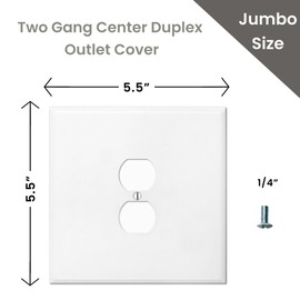 Oversized Metal Outlet Plate 5.5” Jumbo 2 Gang Duplex | White Extra Large Double Gang Single Centered Receptical Cover (White, Outlet)